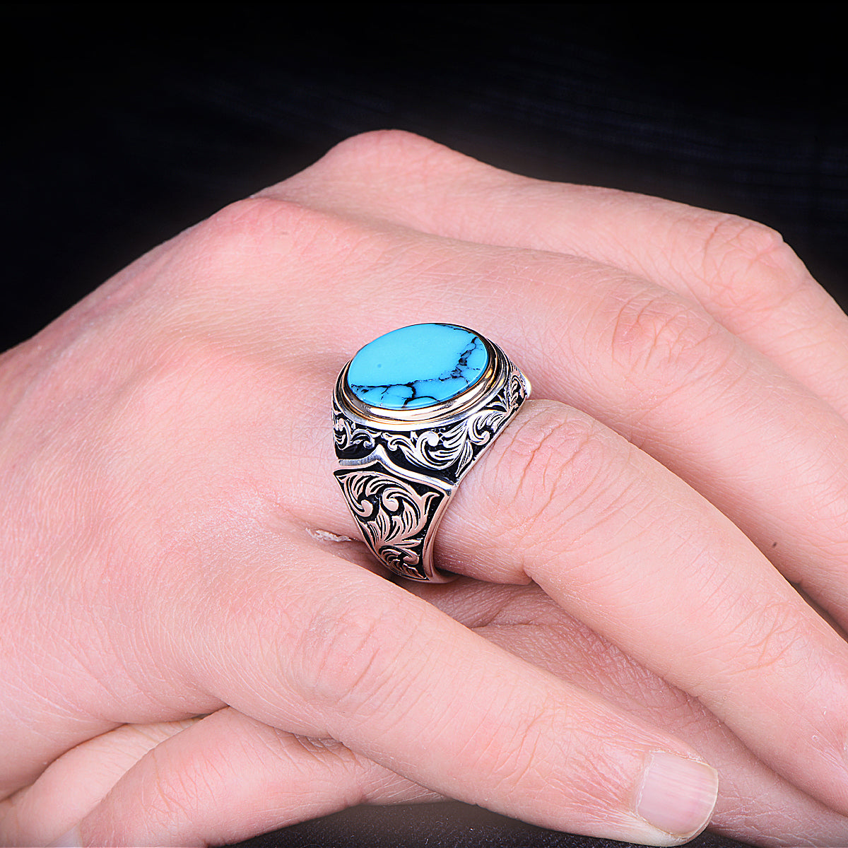 Silver Handmade Engraved Round Turquoise Stone Ring