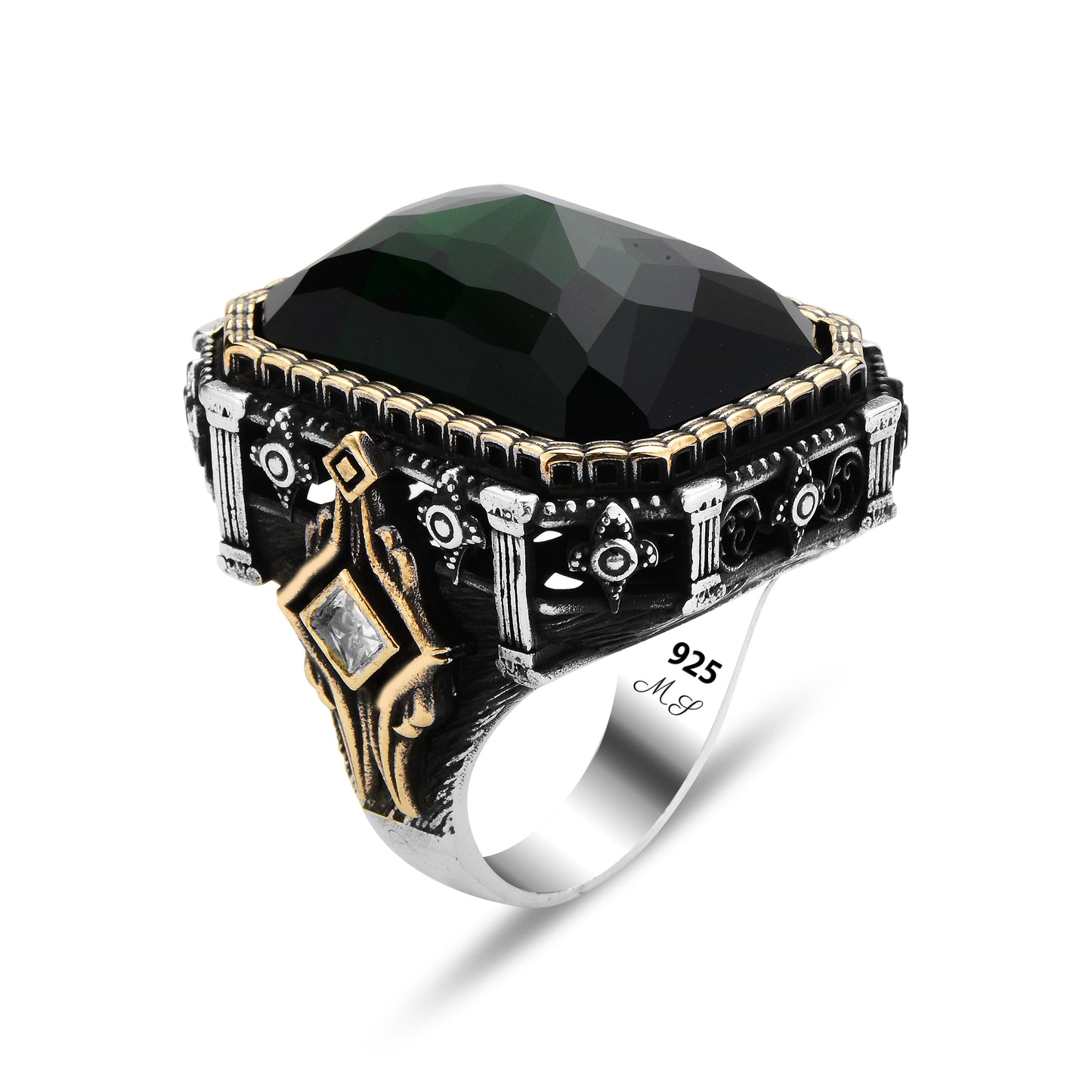 Silver Large Square Emerald Gemstone Ottoman Ring