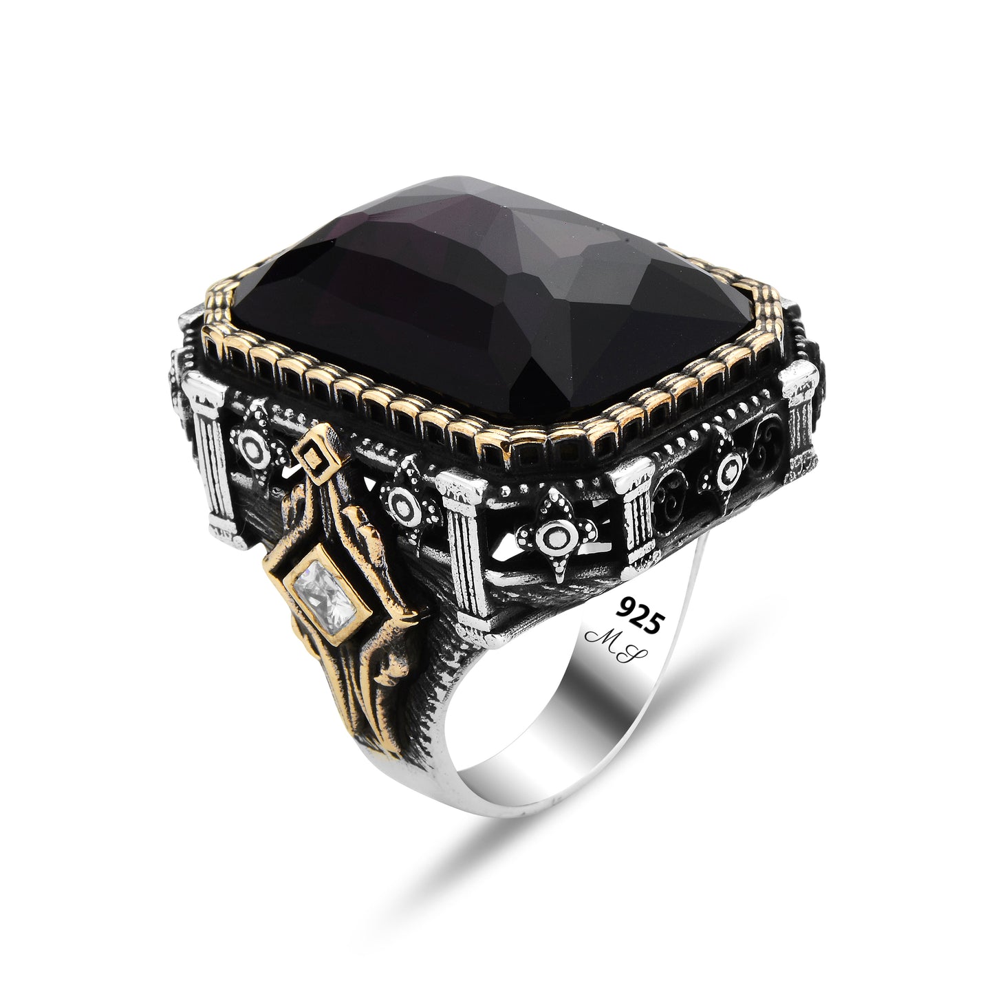 Men Silver Large Amethyst Gemstone Ottoman Ring