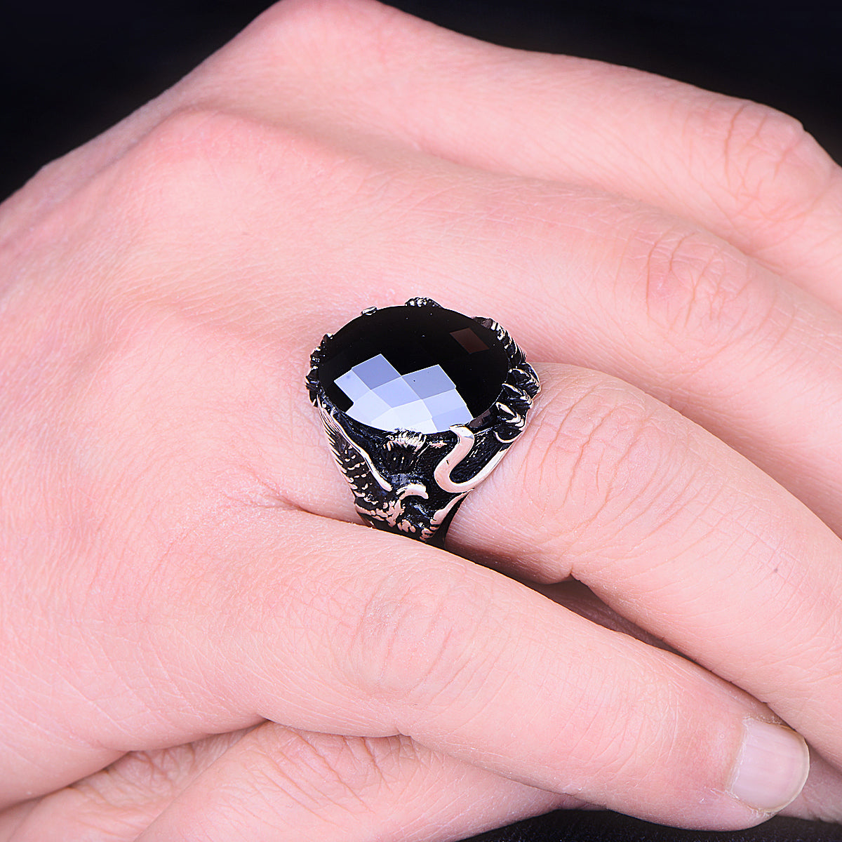Silver Black Stone Eagle Model Ring