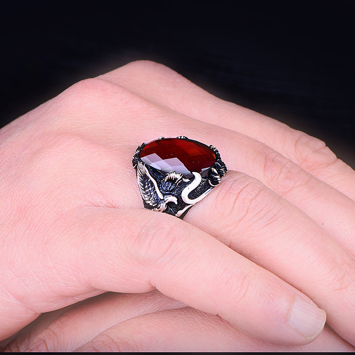 Silver Ruby Stone Eagle Model Ring