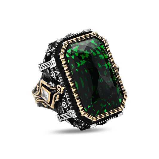 Silver Large Square Emerald Gemstone Ottoman Ring