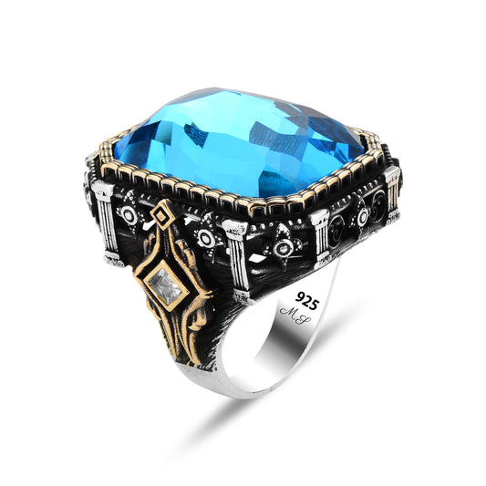 Men Silver Large Aquamarine Gemstone Ottoman Style Ring