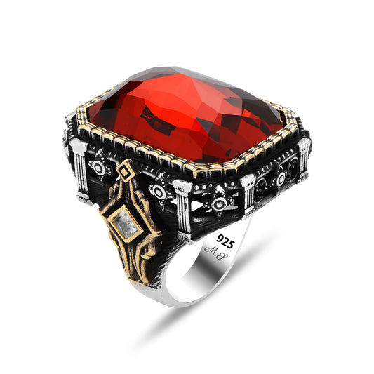 Men Silver Large Square Ruby Stone Ottoman Style Ring