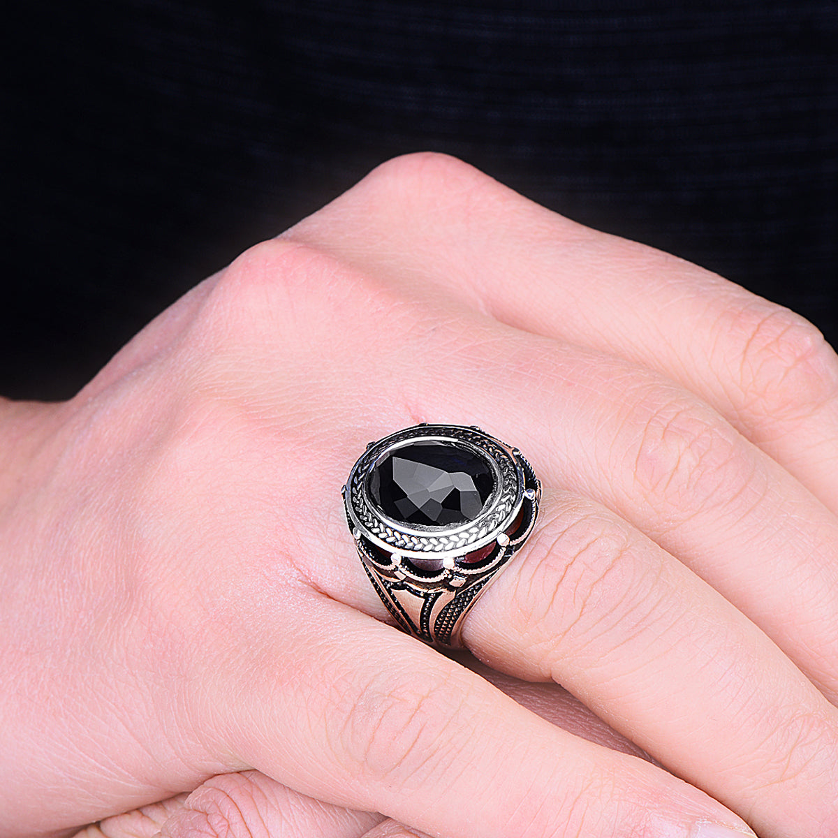 Silver Black Zircon Stone Ottoman Style Ring