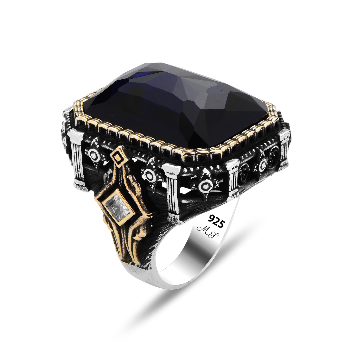 Men Large Sapphire Gemstone Square Ottoman Style Ring