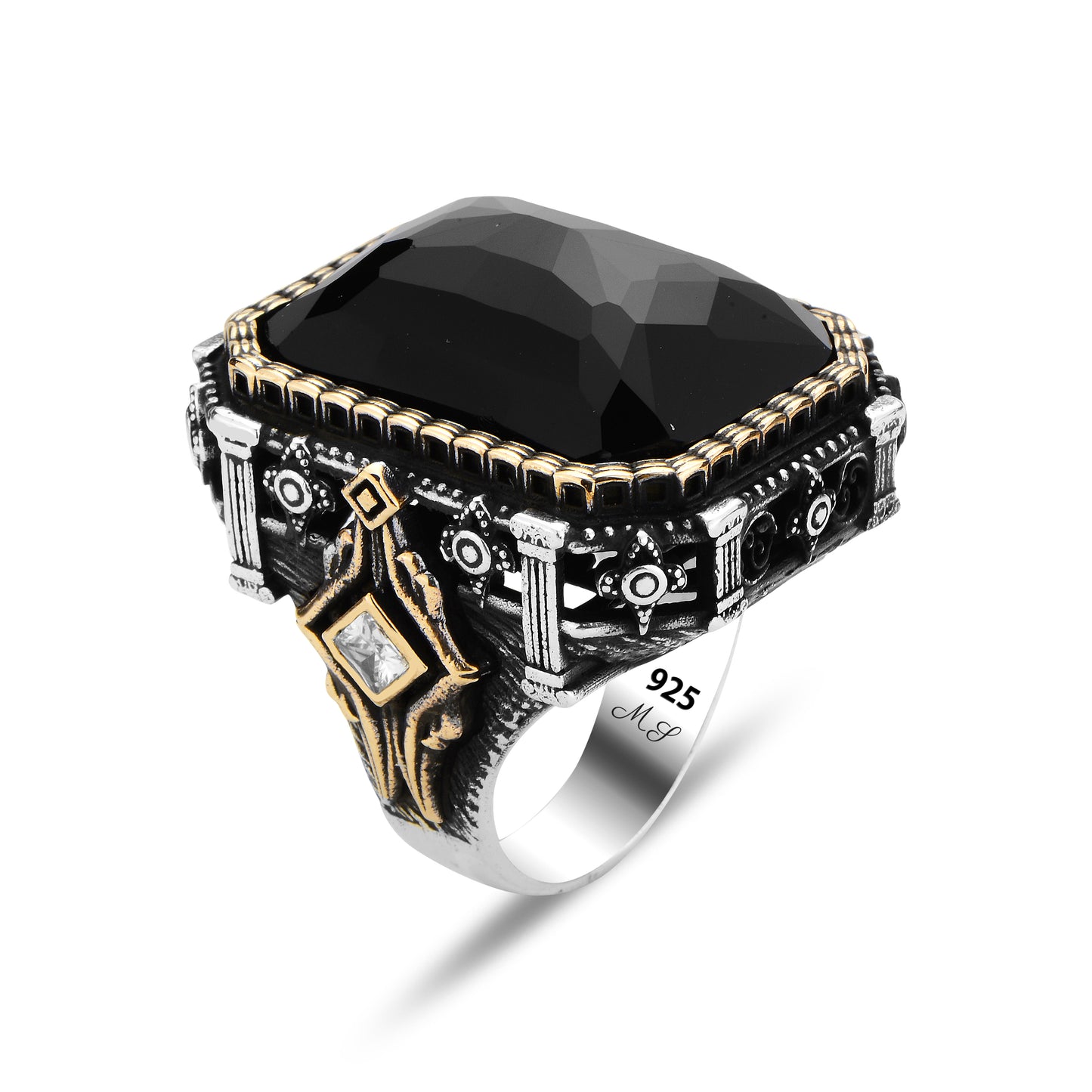 Men Silver Square Large Black Onyx Gemstone Ring