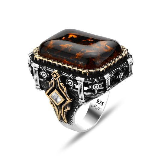 Men Silver Large Amber Gemstone Square Ring