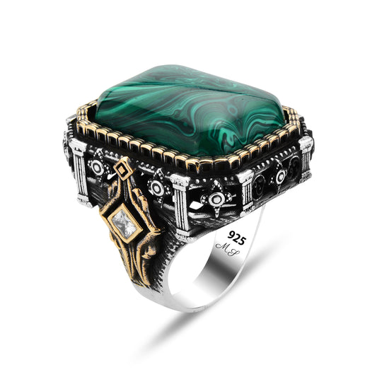 Men Silver Handmade Malachite Gemstone Large Ring