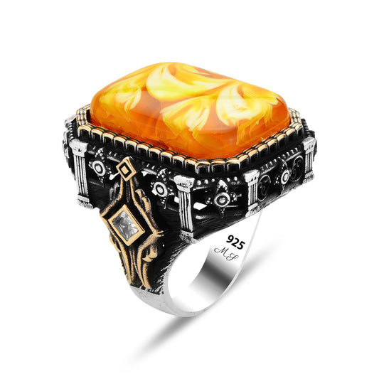 Men’s Handmade Silver Square Large Amber Stone Ring