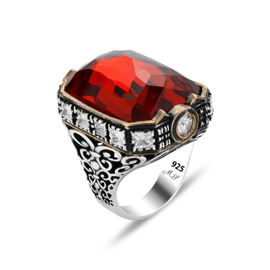 Men Silver Large Handmade Ruby Gemstone Ring