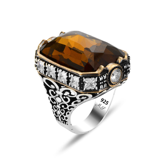 Men Handmade Large Raw Citrine Gemstone Ottoman Ring