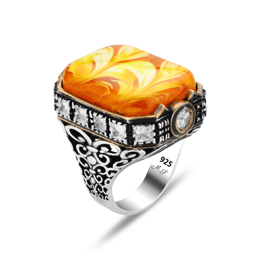 Men Silver Large Amber Gemstone Handmade Ring