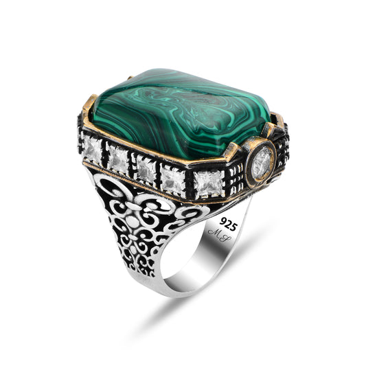 Men Silver Large Square Green Malachite Gemstone Ring