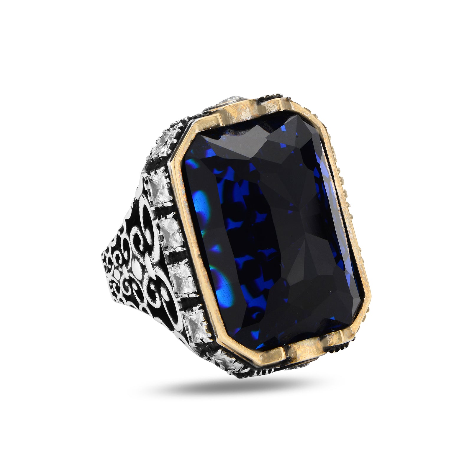 Herrenring aus Silber mit großem blauem Zirkon und Saphir