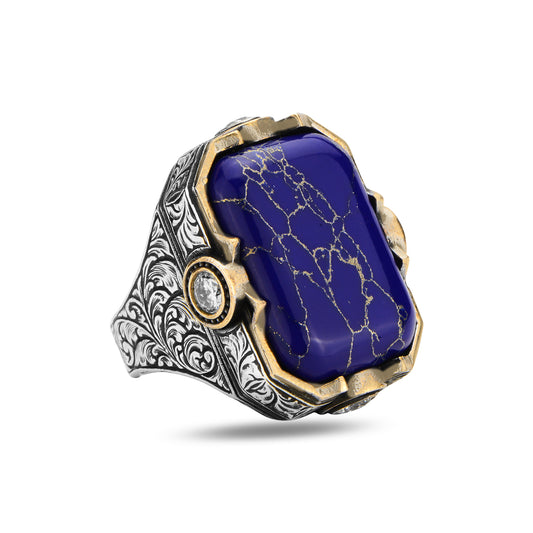 Men Silver Engraved Large Natural Lapis Lazuli Ring