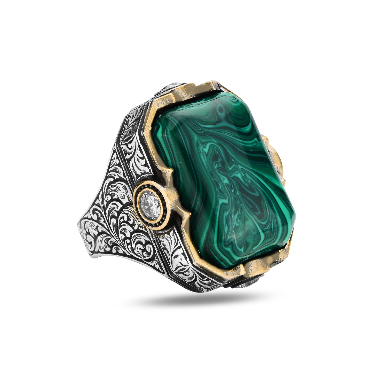 925 Men Silver Large Natural Malachite Gemstone Ring