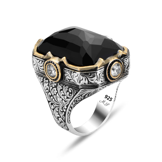 Men Silver Handmade Engraved Large Onyx Gemstone Ring