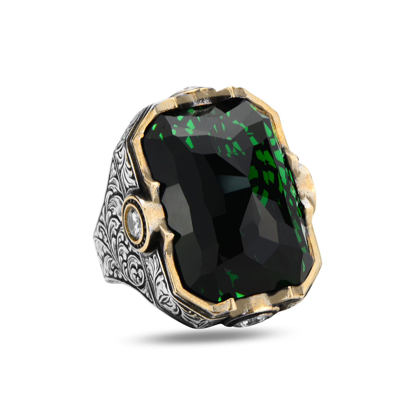 Men Silver Large Green Zircon Emerald Gemstone Ring