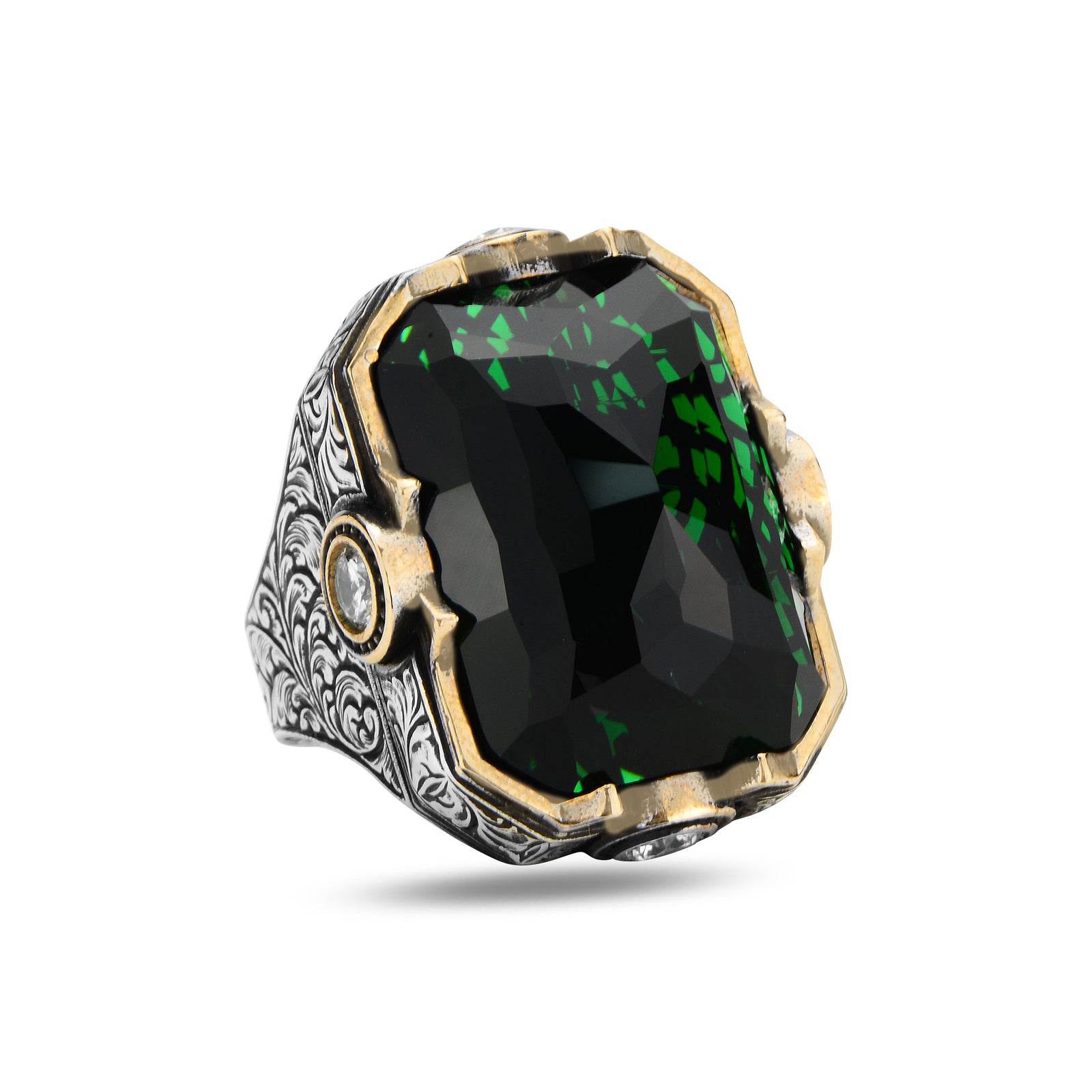 Men Silver Large Green Zircon Emerald Gemstone Ring