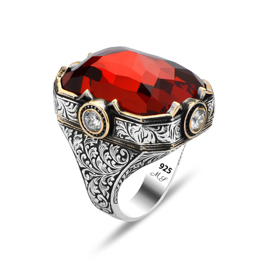 Men Silver Large Red Zircon Ruby Gemstone Large Ring