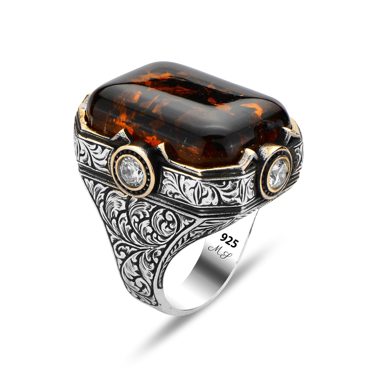 925 Men Silver Large Amber Gemstone Handmade Ring