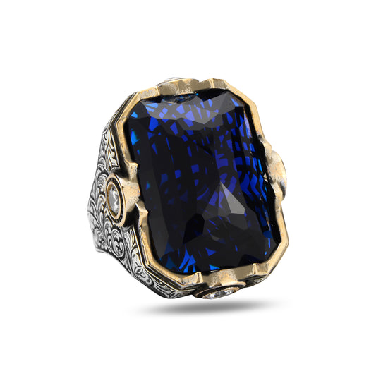 Men Silver Ottoman Style Large Sapphire Gemstone Ring