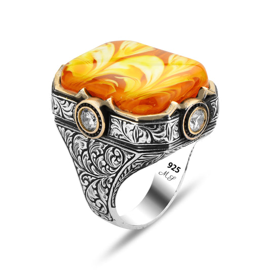 Men Silver Large Handmade Amber Gemstone Ring