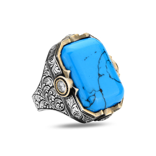 Men Handmade Large Blue Turquoise Gemstone Engraved Ring