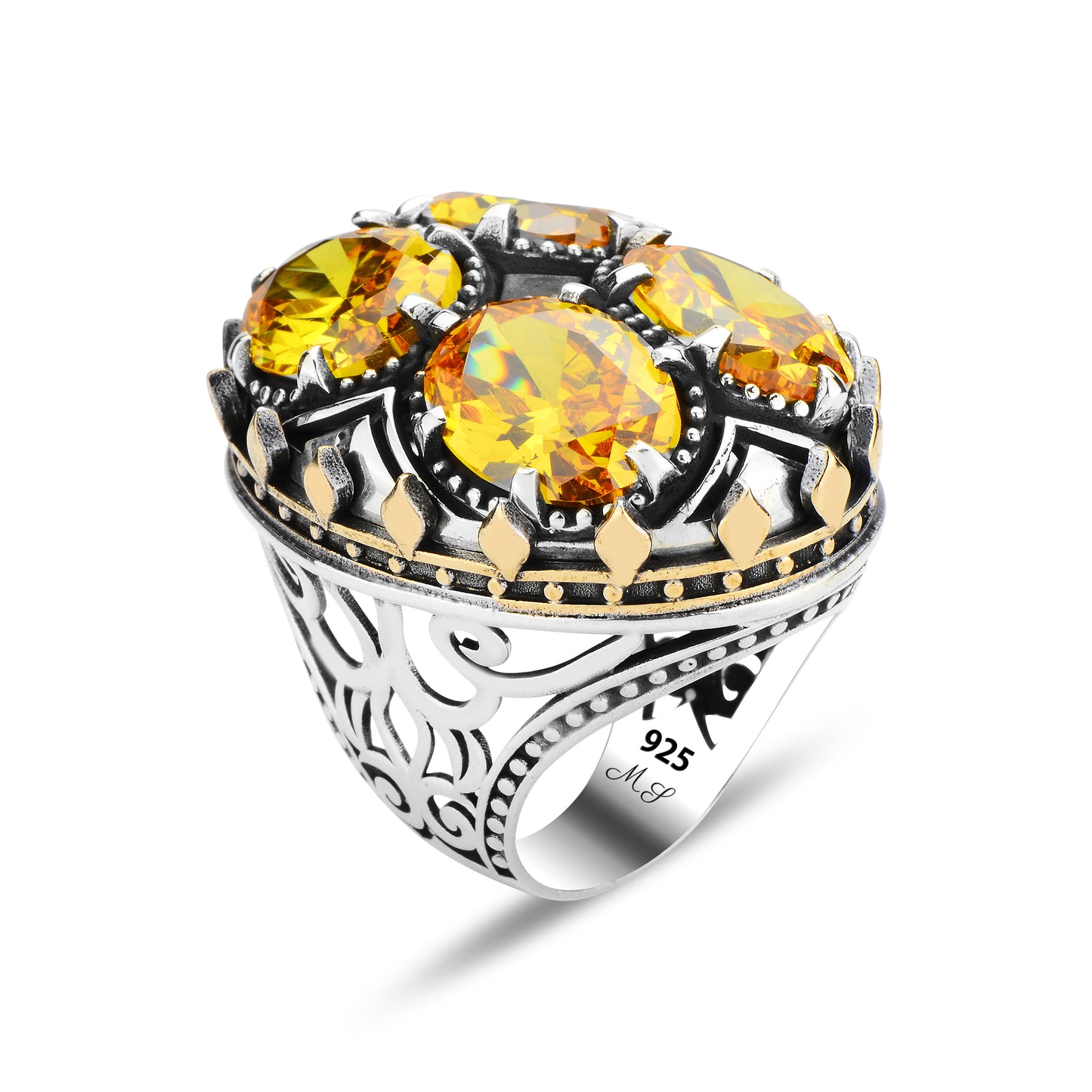 Men Large Silver Ottoman Style Citrine Gemstone Handmade Ring