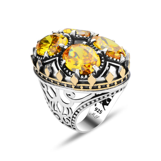 Men Large Silver Ottoman Style Citrine Gemstone Handmade Ring