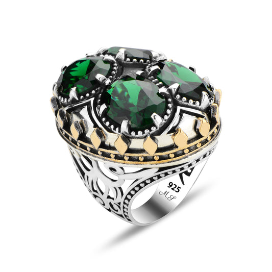 Men Silver Handmade Large Green Emerald Stone Unique Ring