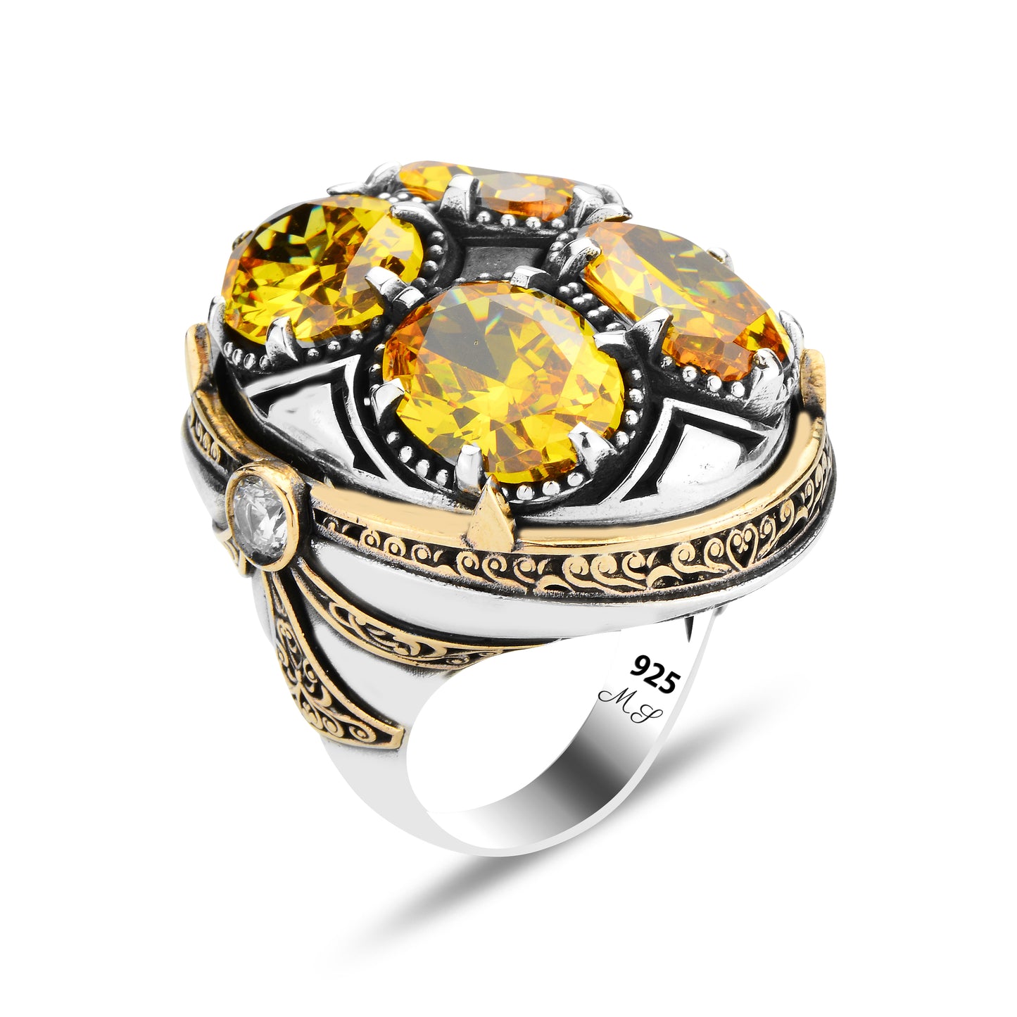 Men Silver Handmade Unique Yellow Citrine Gemstone Ottoman Style Ring