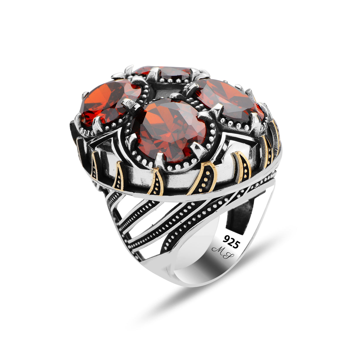 Herrenring aus Silber, handgefertigt, mit großem Granat-Edelstein
