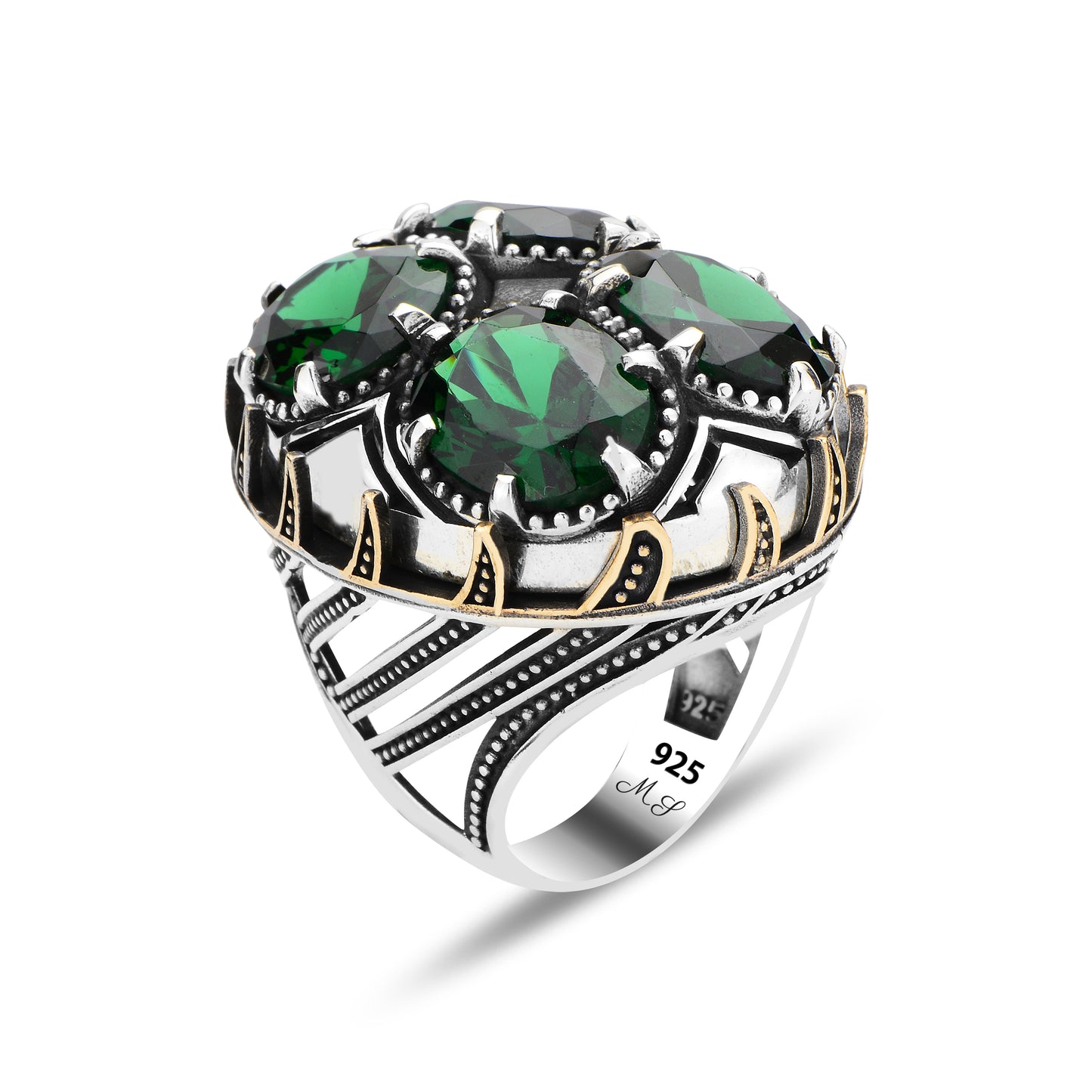 Men Silver Large Emerald Gemstone Unique Ring