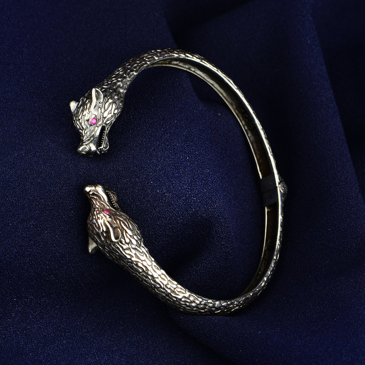 Silver Wolf Head Ruby Stone Bracelet