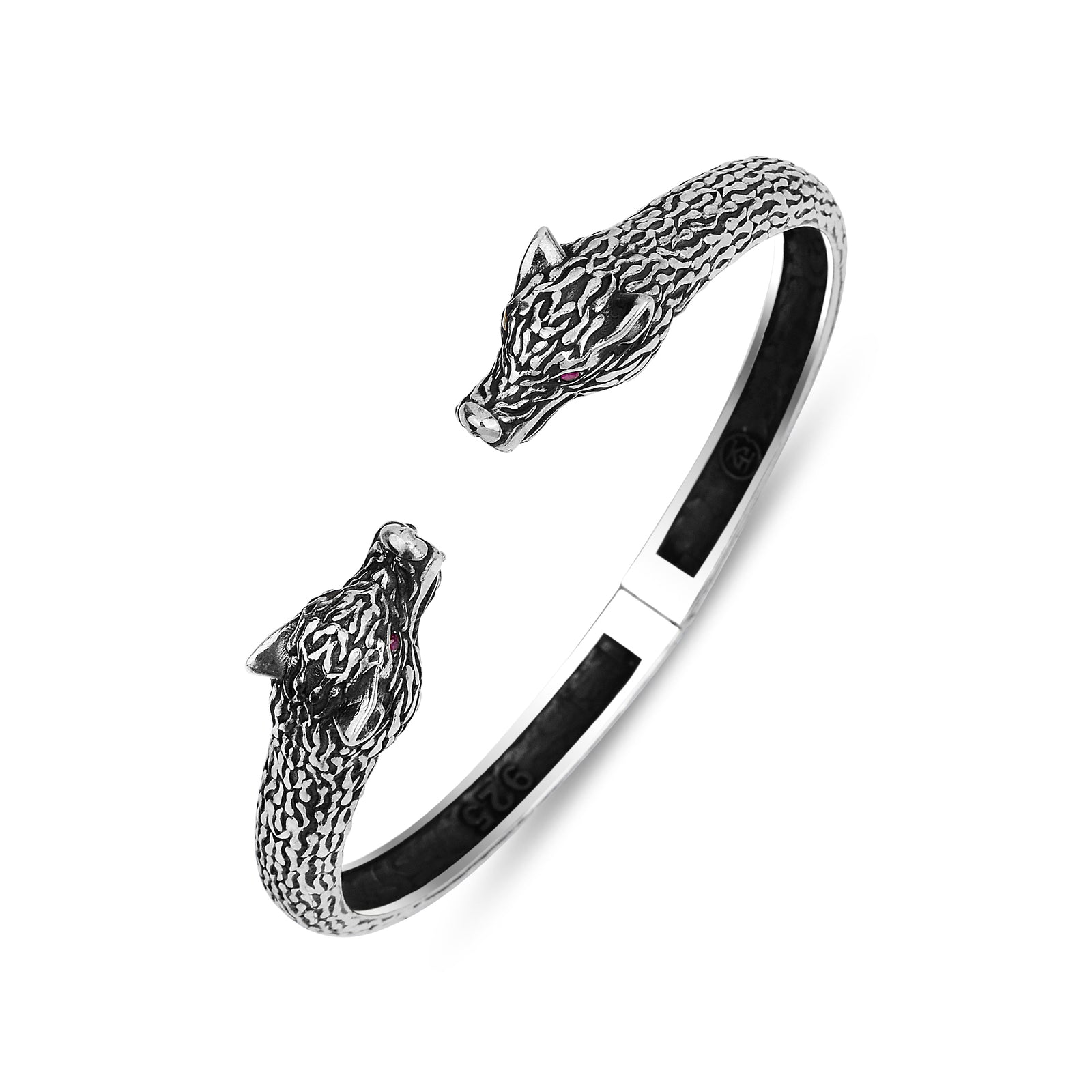 Silver Wolf Head Ruby Stone Bracelet