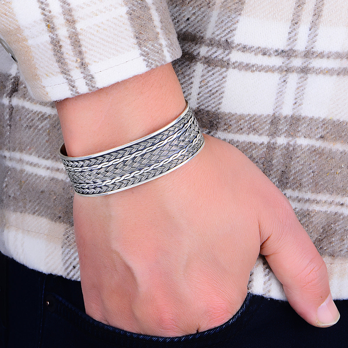 Silver 22MM Knitting Pattern Thick Cuff Bracelet