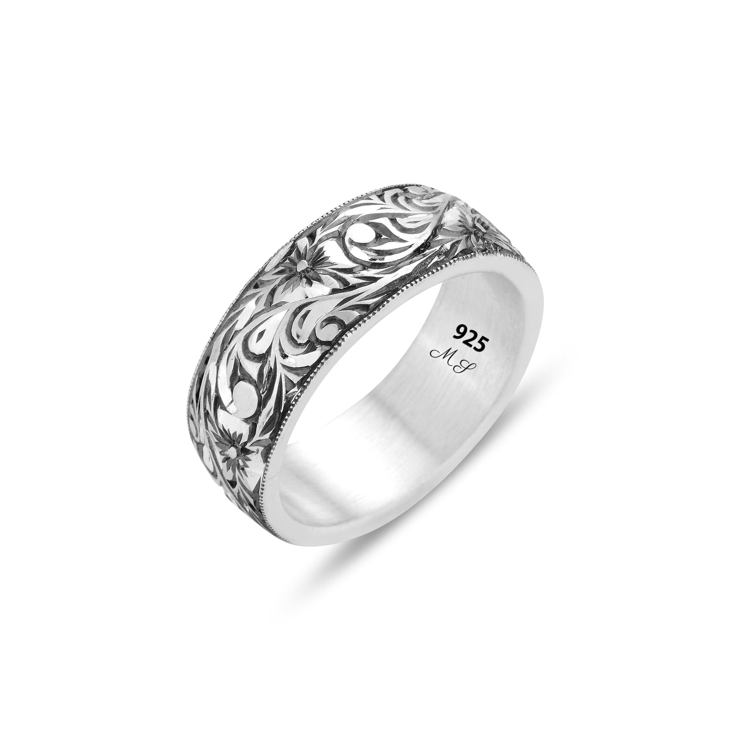 Silver Engraved Handmade Wedding Band Ring