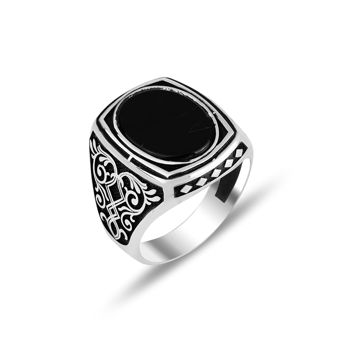 Silberner handgefertigter Onyx-Ring im osmanischen Stil