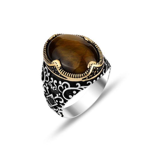 Silver Handmade Ottoman Style Tiger Eye Stone Ring