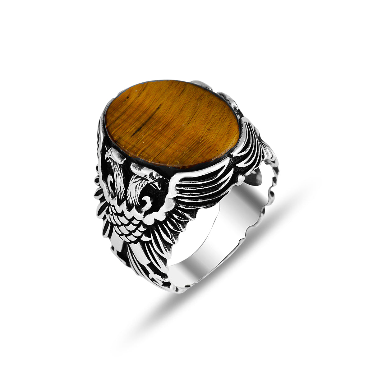 Silberner handgefertigter Adler-Modell-Tigerauge-Steinring