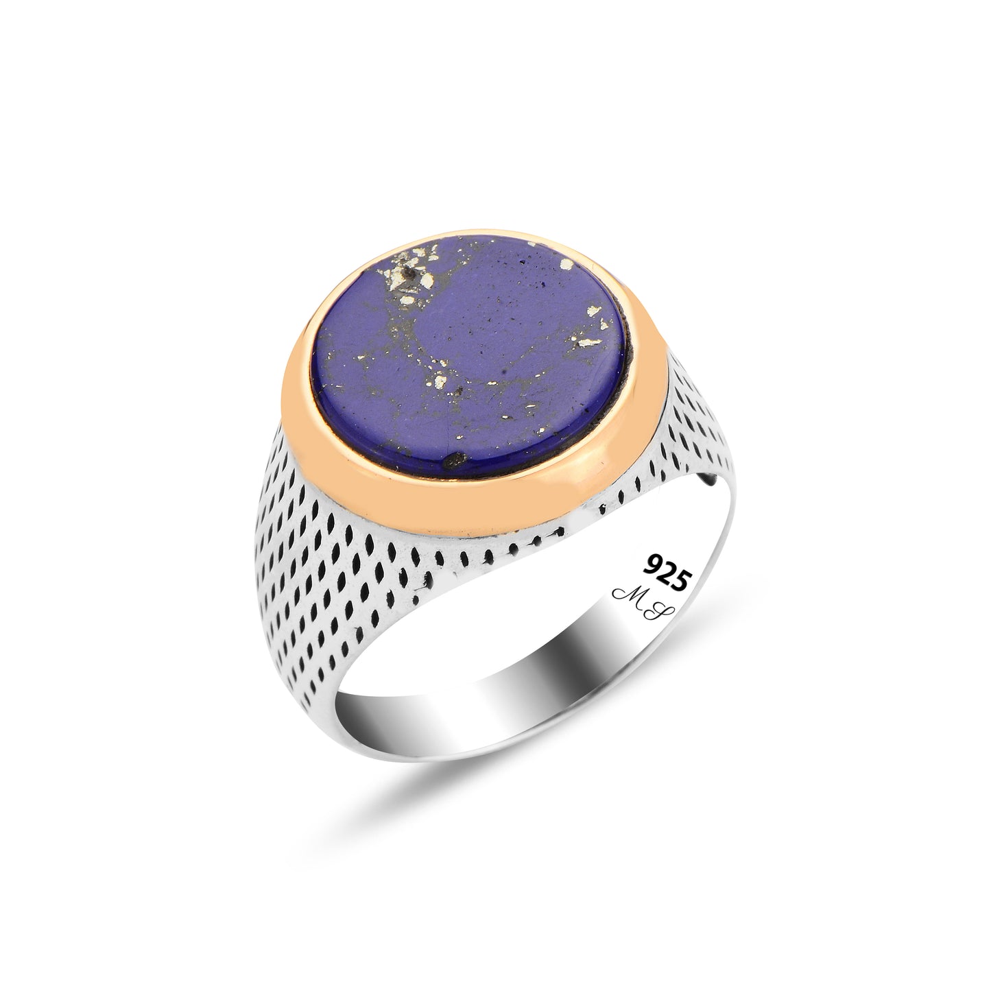 Men Silver Round Natural Lapis Gemstone Ring