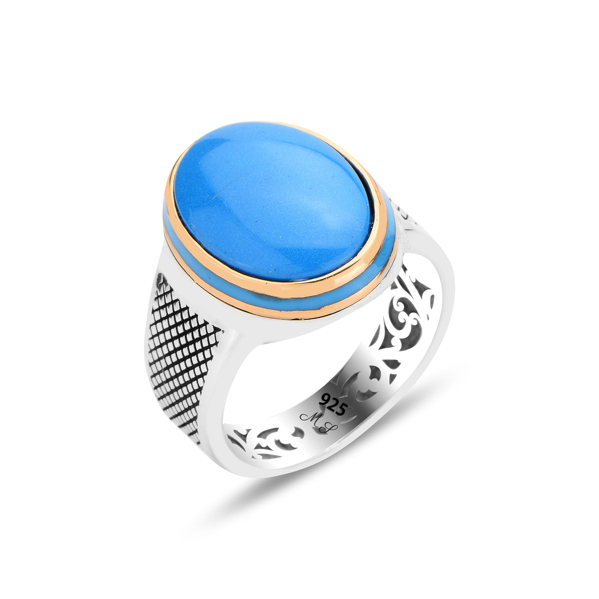 Silberner ovaler minimalistischer Herrenring mit Türkis-Edelstein