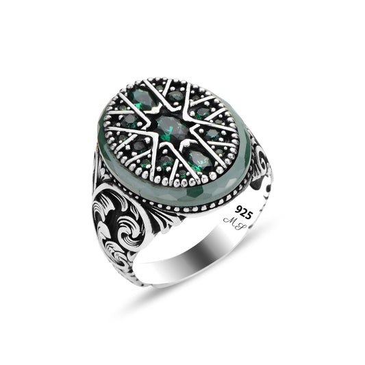 Men Handmade Engraved Green Emerald Stone Ring