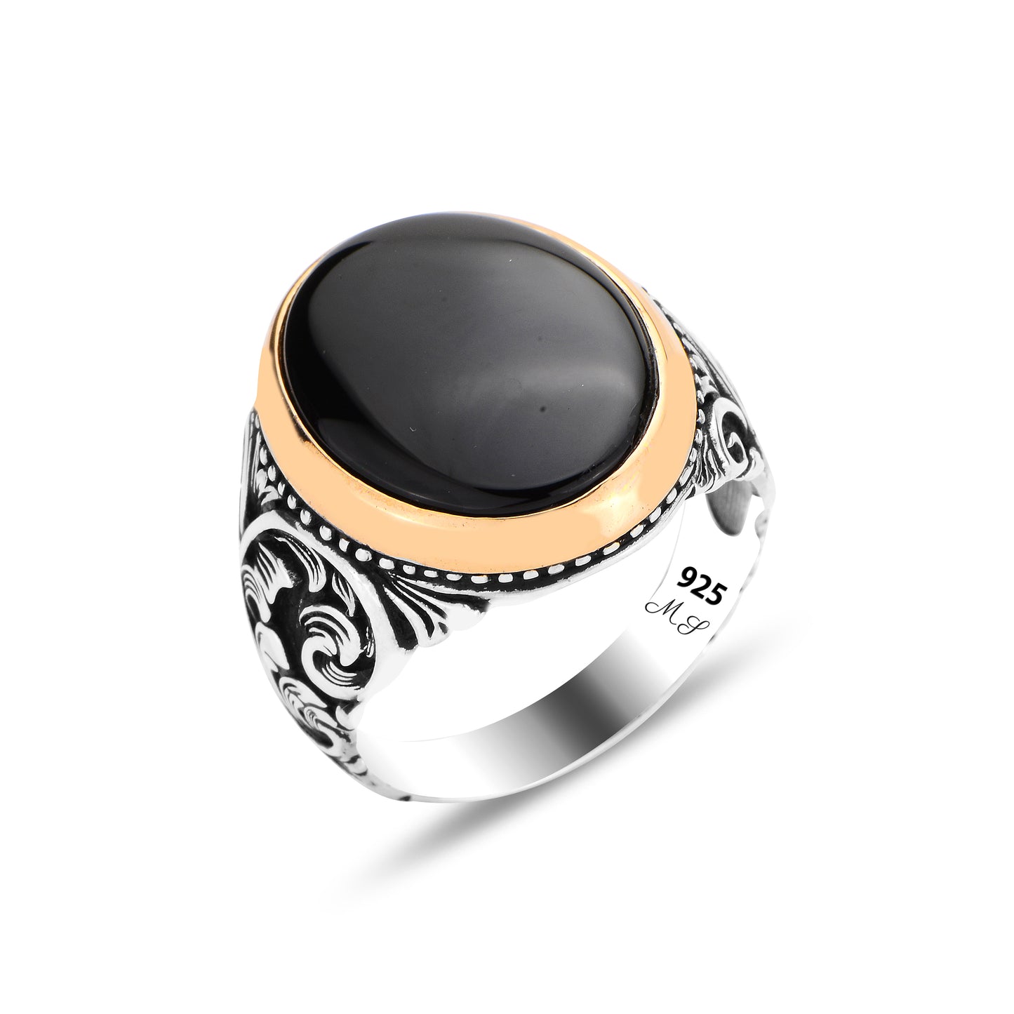 Silver Handmade Engraved Onyx Gemstone Men Ring