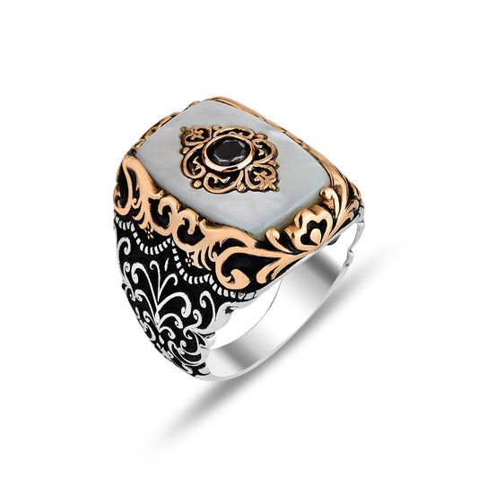 Silver Ottoman Style Mother Of Pearl Men Ring