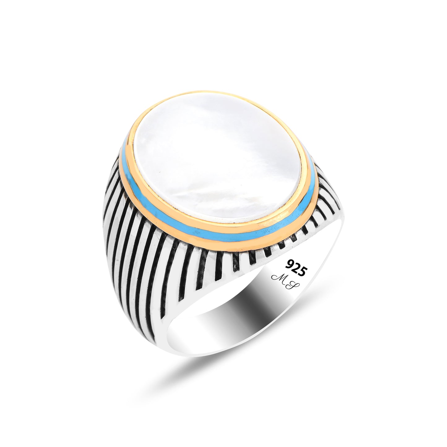 Men Handmade Silver Ottoman Style Mother Of Pearl Gemstone Ring