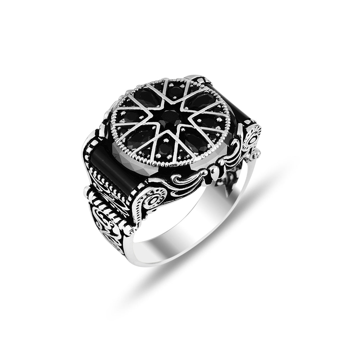 Men Silver Ottoman Style Black Zircon Stone Ring