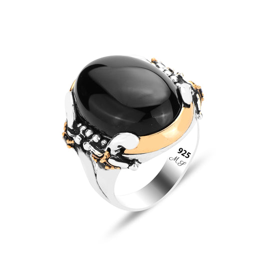 Men Silver Sword Model Natural Onyx Gemstone Ring